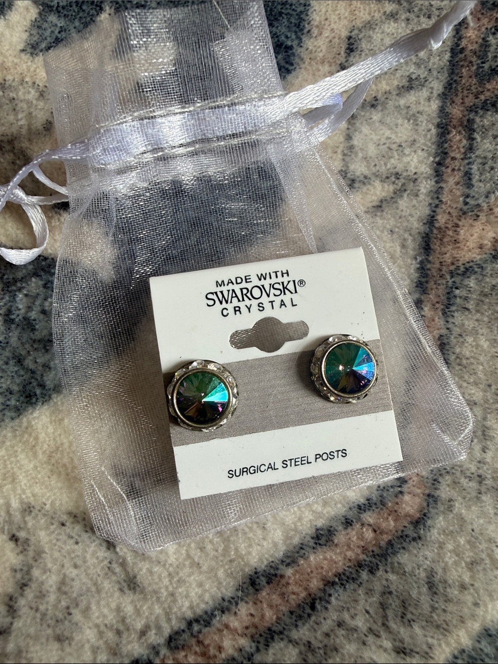Swarovski Crystal Iridescent Green-Blue Round Stud Earrings